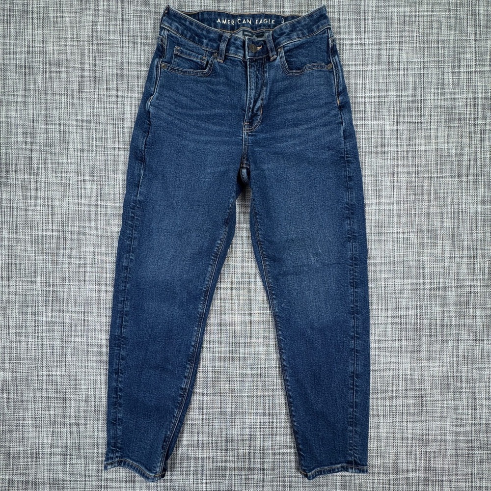 American Eagle Womens Mom Jeans 2 Short High Rise Stretch Tapered Blue Denim